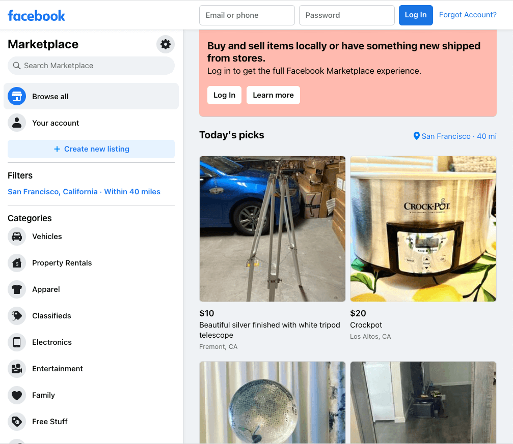 Facebook Marketplace Homepage