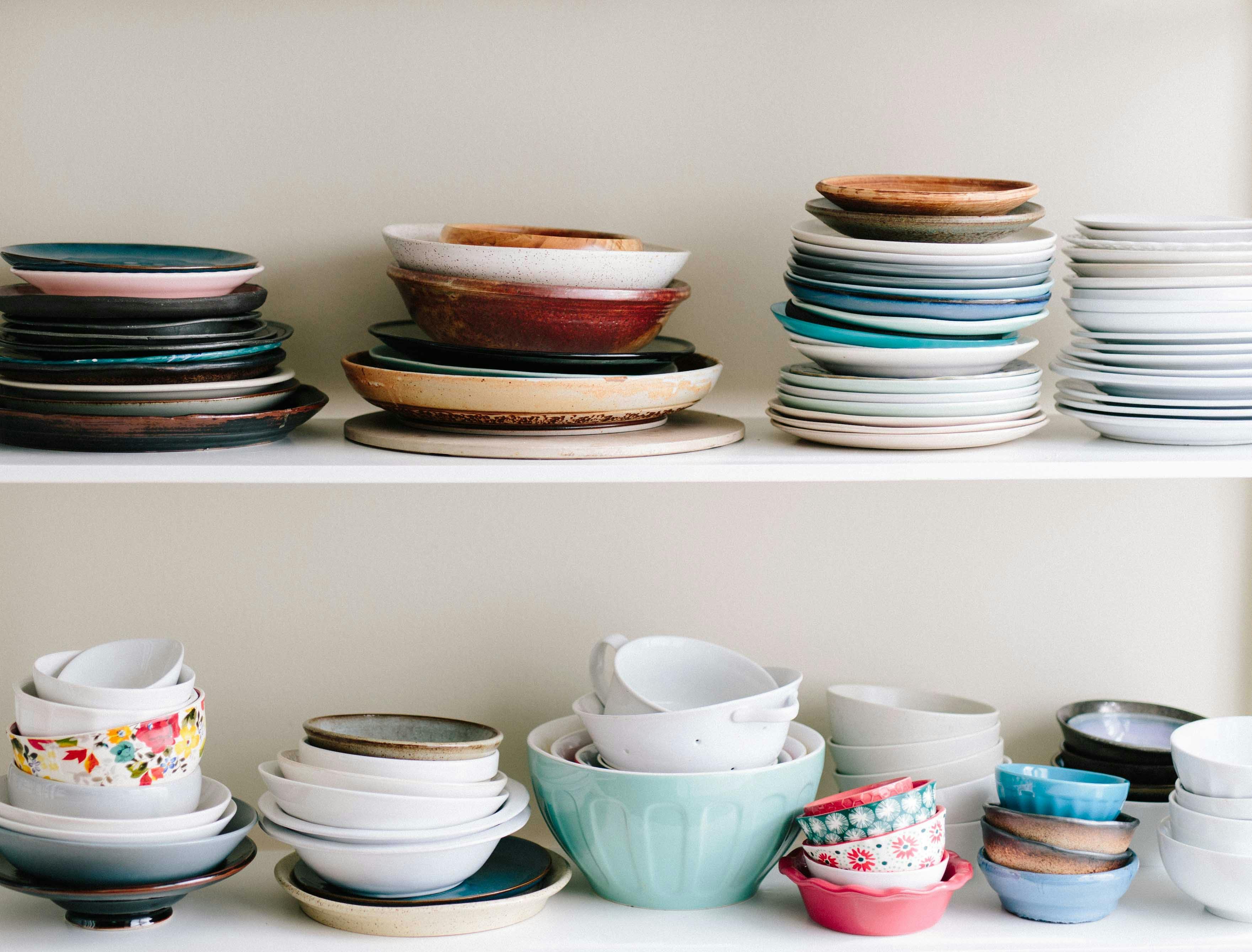 Set of bowls out on display for a garage sale